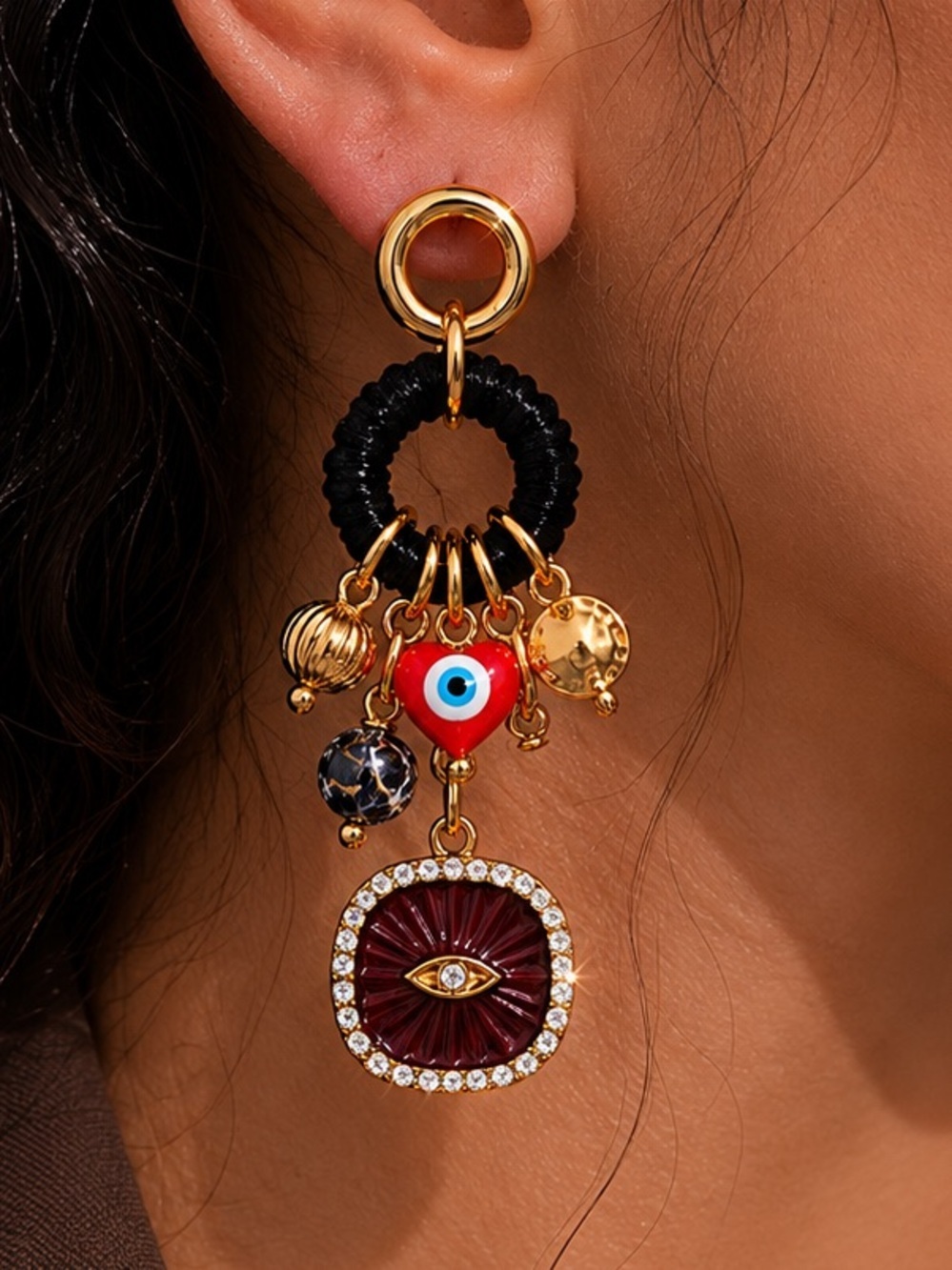 Evil Eye Charm Statement Earrings – Gold Tone Boho Earrings - Picture 9 of 9
